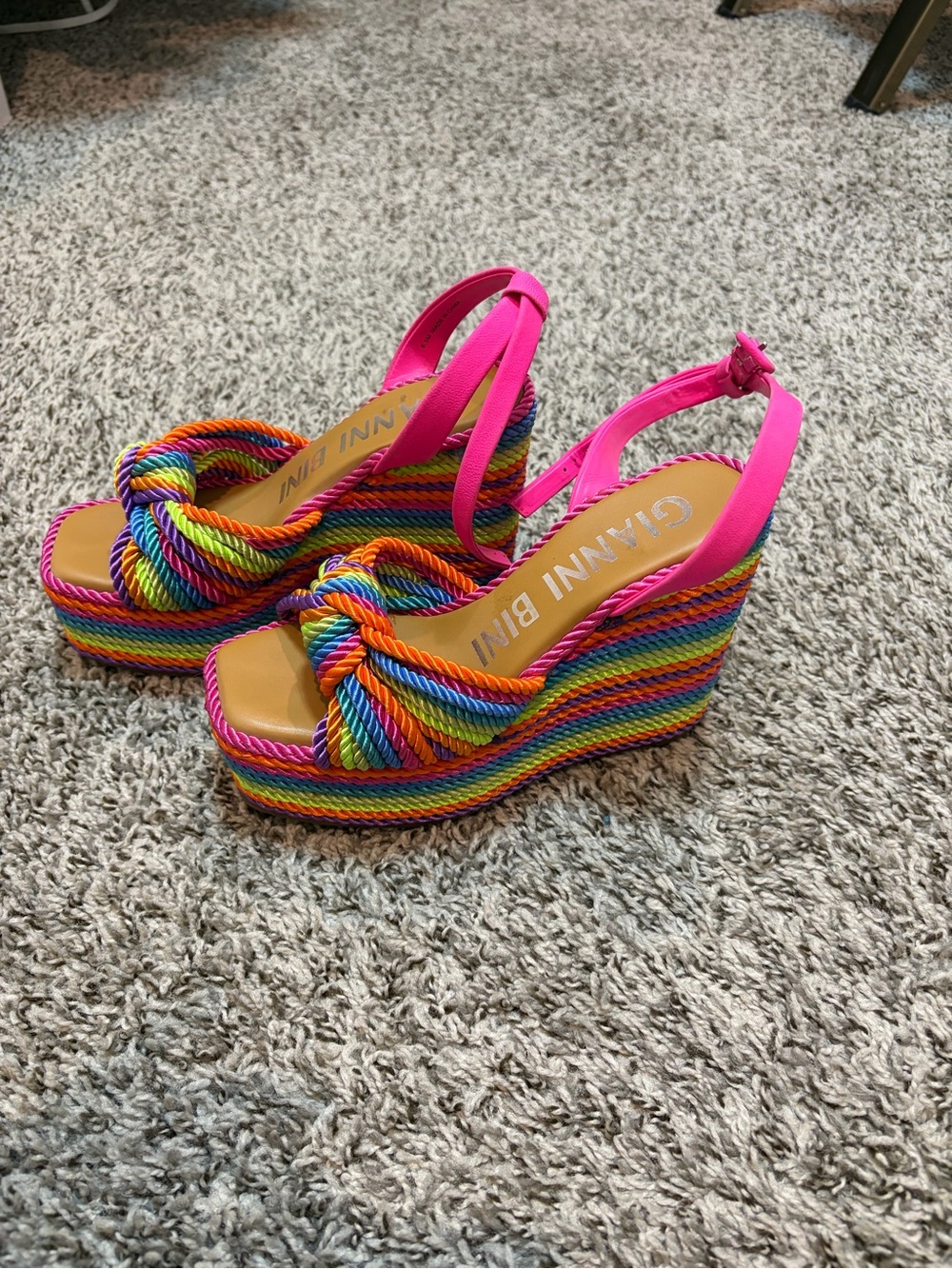 Gianni Bini Rainbow Rope Wedge Sandals in Hot Pink and Multi